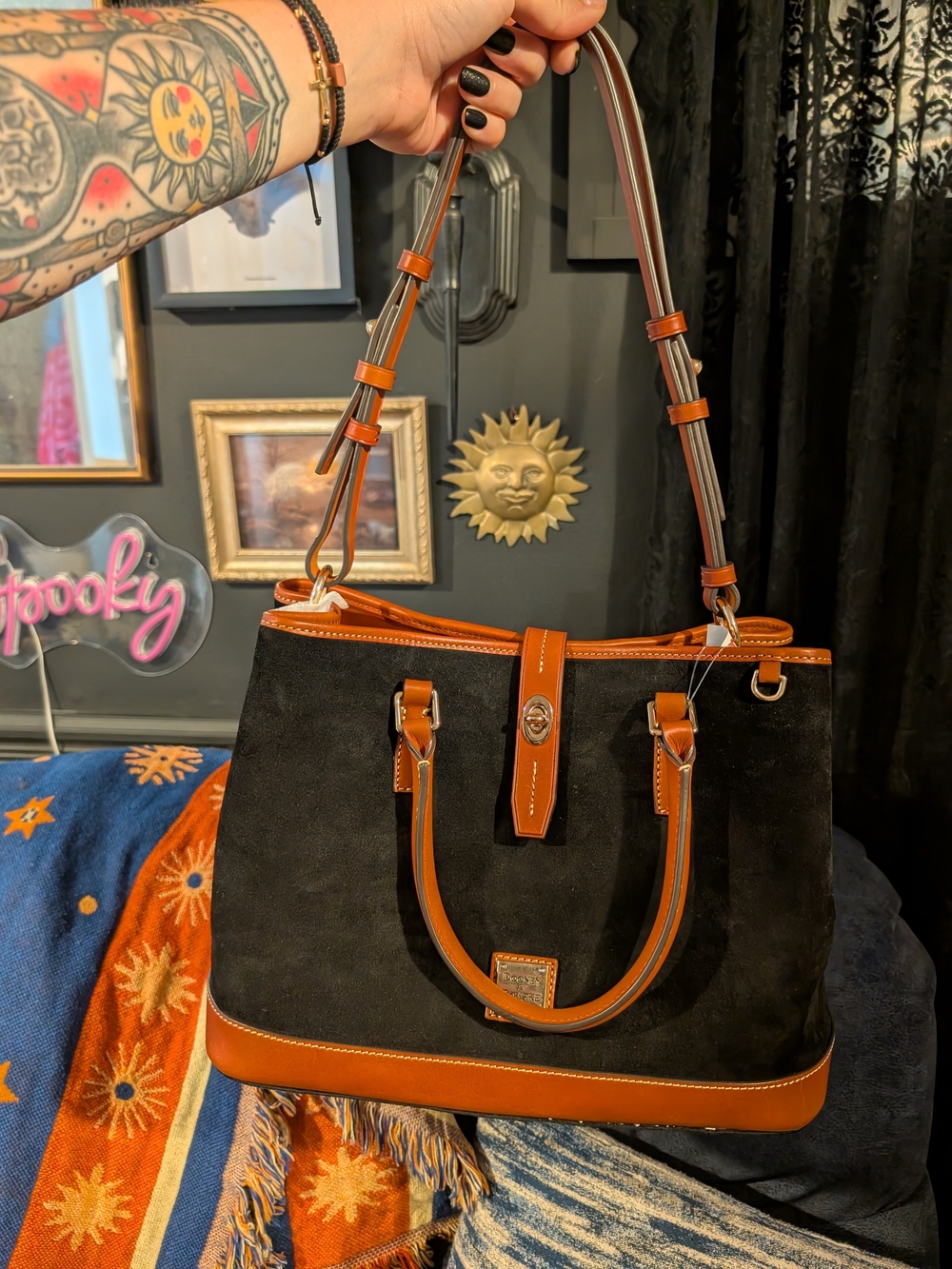 Dooney & Bourke Black Suede Satchel with Brown Leather Trim